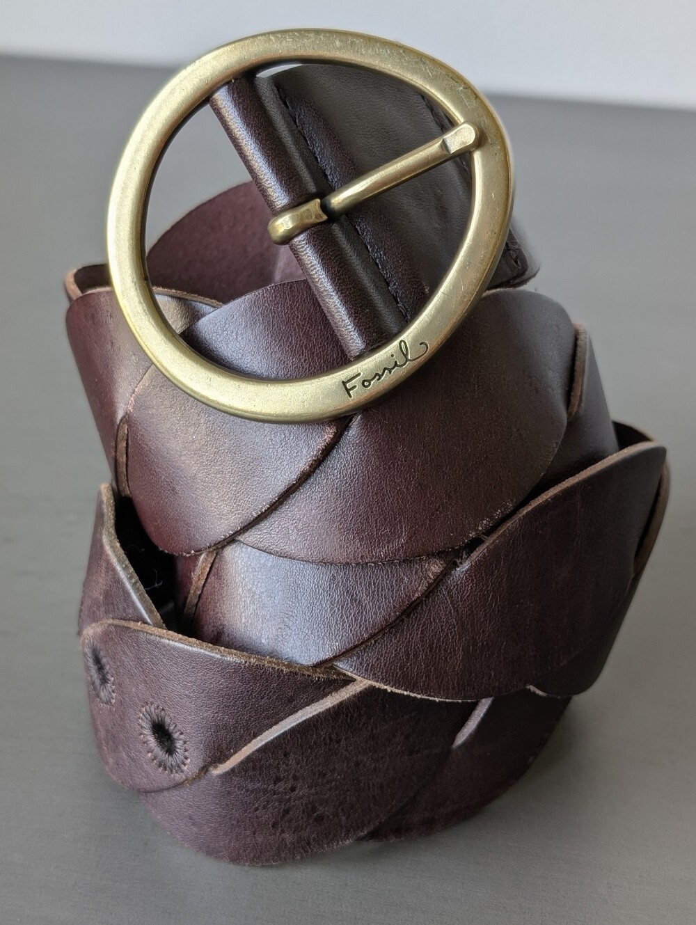 Fossil Brown Braided Twisted Infinity Genuine Leather Belt Gold Buckle Size L